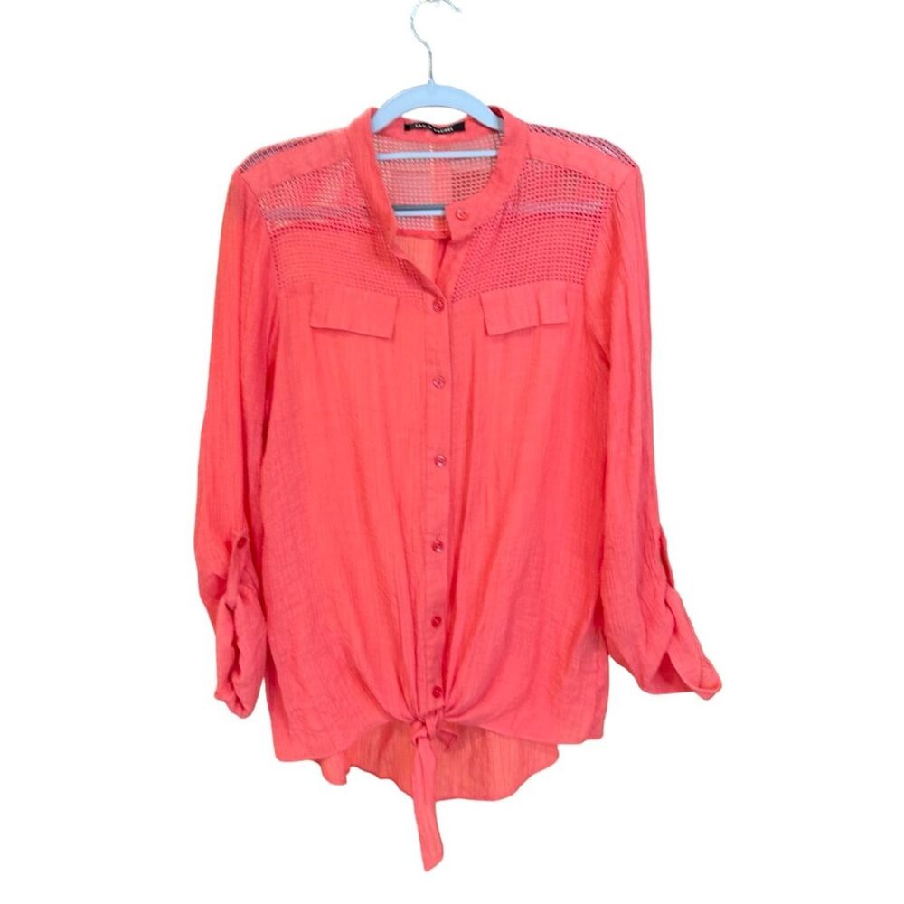 Zac & Rachel Long Sleeve Semi Sheer Gauze Tie Front ButtonUp Blouse Coral Large